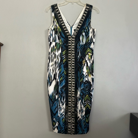 Carmen Marc Valvo women multicolored Ikat print silk dress w/sequin & beading - Picture 1 of 12